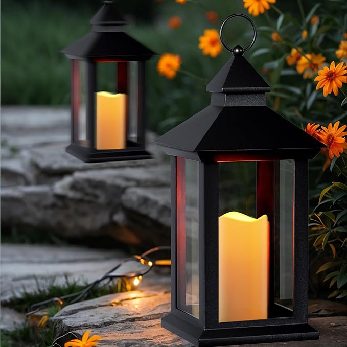 Lanterns Decorative Indoor, 2 Pack Black Decorative Flameless Candle Lanterns with Timer, Vintage 14" Waterproof Hanging Outdoor Lanterns, Battery Operated for Porch, Patio, Wedding Decor