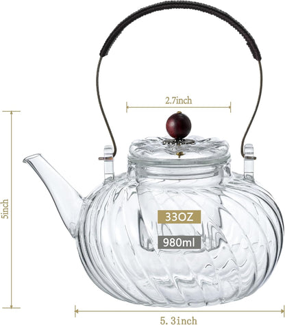 Glass Teapot with Removable Infuser, Stovetop Safe Glass Tea Kettle, 980 ml 33 oz, Clear Teapot for Loose Tea, Tea pot for Blooming Flower Tea and Loose Leaf, Tea Maker Gift