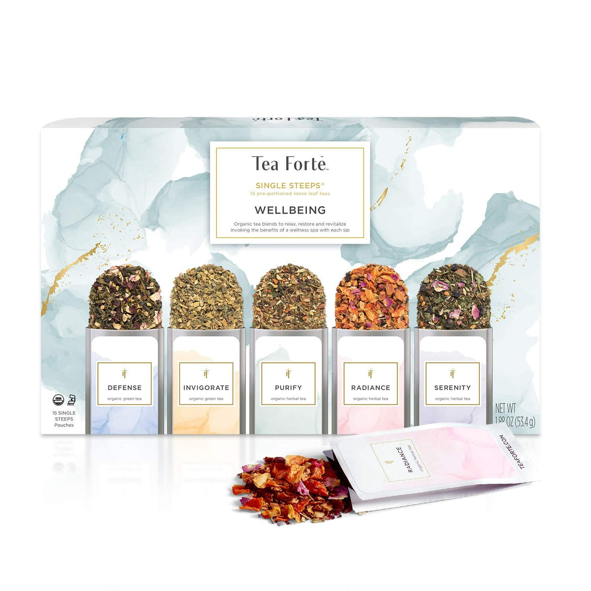 Tea Forte Wellness Tea Assortment Single Steeps Loose Leaf Premium Tea Gift Set Sampler, 15 Count 3 of Each Assorted Blends, Pre-Portioned Single Serve Pouches, Steeps 12 oz