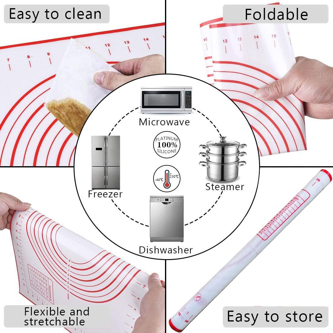 Rolling Pin and Silicone Baking Pastry Mat Set, Stainless Steel Dough Roller, Rolling Pins with Adjustable Thickness Rings, for Baking Fondant, Pizza