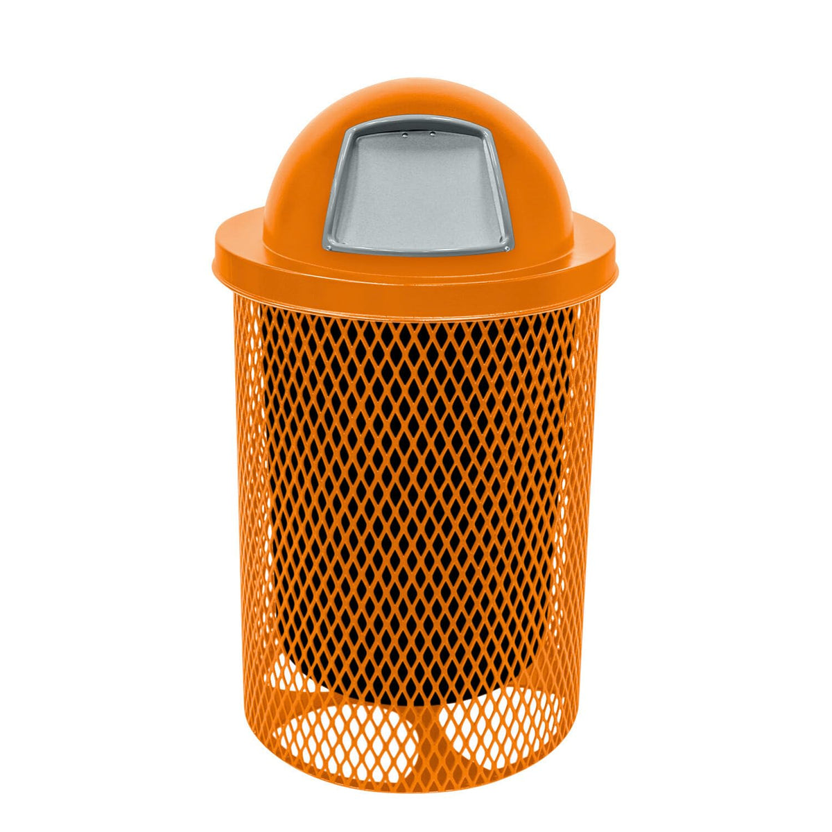 COATEDOUTDOORFURNITURE Coated Outdoor Furniture 32-Gallon Heavy-Duty Expanded Metal Round Trash Receptacle, Commercial Outdoor Waste Bin with Liner & Dome Lid – Made in America (Textured Orange)