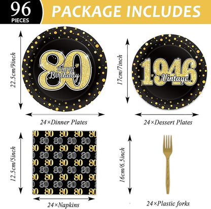 96PCS 80th Theme Birthday Party Tableware Vintage 1946 Party Supplies 80 Year Old Birthday Decorations Plates Napkins Forks Black and Gold Dinnerware Favors for Men or Women