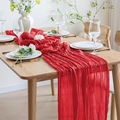 Asee'm 2PCS Easter Table Runner Cheesecloth 10FT Red Boho Gauze Fabric Rustic Sheer Cheese Cloth Runners for Valentine's Day Wedding Bridal Shower Party