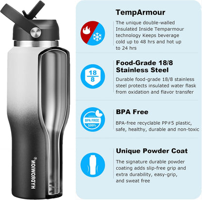 Hydrowion Insulated Water Bottle, 32oz Water Bottle with Straw Lid, Double Walled Leak Proof 32oz Vacuum Bottle (Cold for 48 Hrs