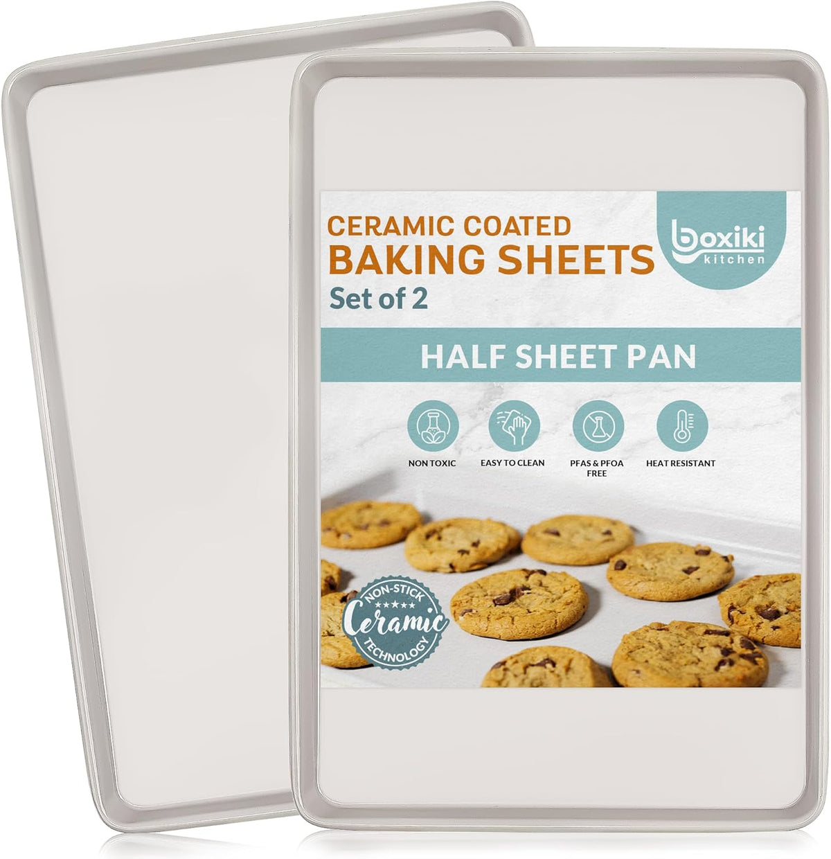 Boxiki Kitchen Nonstick Ceramic Baking Sheet/Cookie Sheet - Set of 2, Durable and Easy to Clean Baking Pans for Kitchen - Dishwasher and Freezer Safe