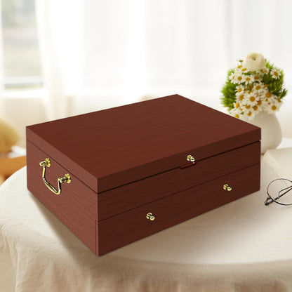 Silverware Storage Box Solid Wood with Lid, 2 Layer Silverware Storage Chest, 15.5'' ×11.5'' Silverware Organizer with Handle and Felt Lined, Chest for Flatware Setting Up 30