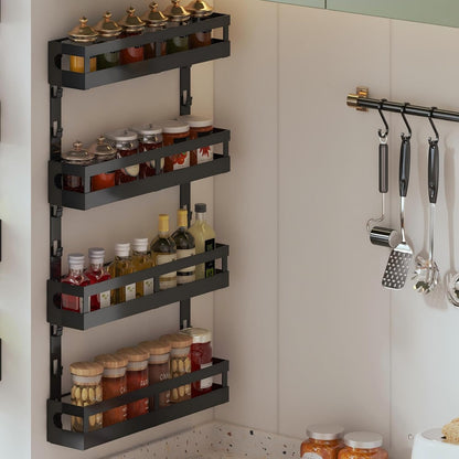 4-Tier Small Wall Mounted Spice Rack Organizer, Hanging Spice Shelf for Cabinet or Pantry, Height-Adjustable Seasoning Holder for Kitchen Storage, Black