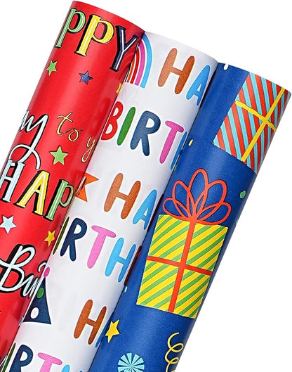 WRAPAHOLIC Birthday Wrapping Paper Roll - 3 Mini Rolls - 17 Inch x 120 Inch Per Roll - Gift Box and Happy Birthday Wrapping Paper for Boys Girls Kids, Baby Shower