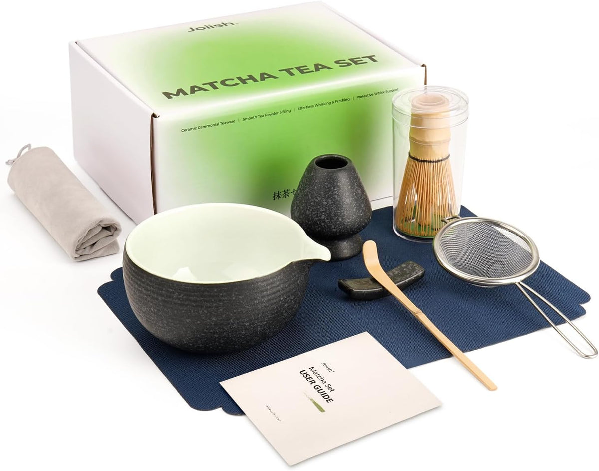 7 Pcs Matcha Kit Set, Matcha Whisk and Bowl with Spout, Powder Sifter, Whisk Holder, Bamboo Scoop and Scoop Rest