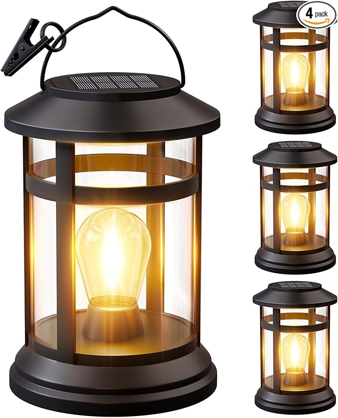 Solar Lanterns Outdoor Waterproof: 4 Pack Hanging Solar Lights for Outside Patio Porch Garden Tabletop Decor - Bright LED Warm White Solar Powered Lighting - Unique Gardening Lovers Mom Gifts