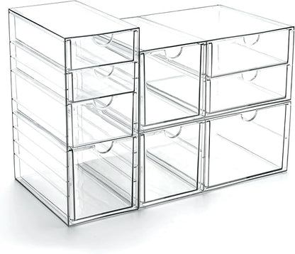 Prsildan Acrylic Drawer Makeup Organizer with 9 Drawers, Set of 3 Office Desk Organizers Accessories, Clear Stackable Storage Drawers for Vanity, Countertop, Craft, Jewelry, Art Supply Organization
