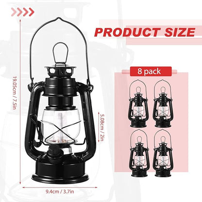 Hortsun 8 Pcs 8 Inch Vintage LED Hurricane Lantern Metal Black Outdoor Battery Operated Hanging Lantern with Warm LEDs and Dimmer Switch for Indoor Rustic Farmhouse Country Camping Decor