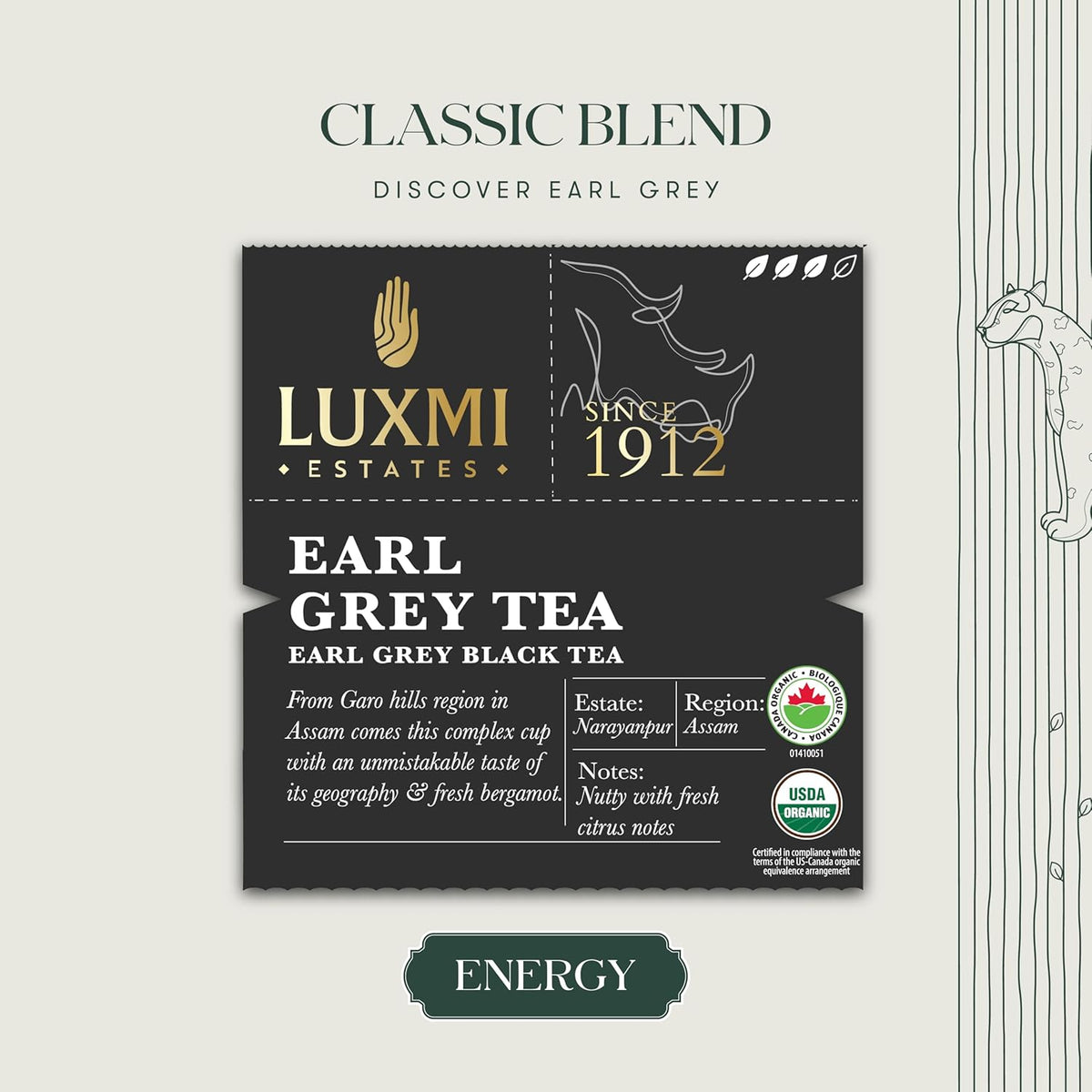 Luxmi Estates Garo Hills Organic Earl Grey Black Tea 50 Tea Bags (100gm) Pack, USDA Organic - Earl Grey Tea Bags, 100% Natural Bergamot Extracts