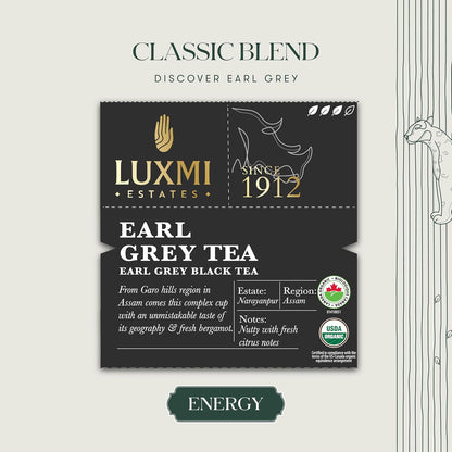 Luxmi Estates Garo Hills Organic Earl Grey Black Tea 50 Tea Bags (100gm) Pack, USDA Organic - Earl Grey Tea Bags, 100% Natural Bergamot Extracts