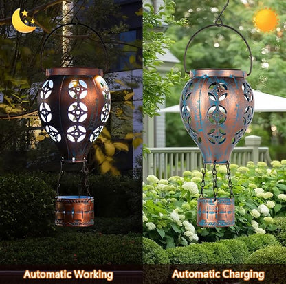 Hot Air Balloon Solar Lantern for Garden Decor,2 Pack Matal Hanging Lantern,Outdoor Metal LED Solar Lights for Yard Patriotic Trees Decor