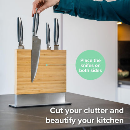 Coninx Magnetic Knife Holder with display stand, Double Sided Strong Magnetic Knife block for Kitchen counter top, Universal empty storage Organizer Block (Bamboo Wood)