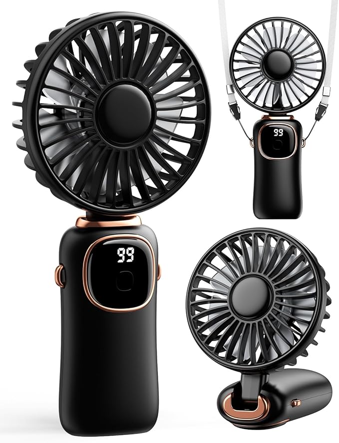 coldSky Portable Handheld Fan, 4000mAh Battery Operated 3 in 1 Multifunction Personal Travel Fans with Digital Display, 90° Foldable Desk Fan with Base, 5 Speed Lash Fan for Makeup/Office (Black)