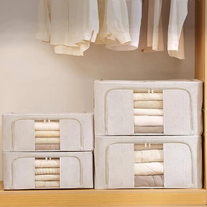 Amiya Clothes Storage Bins with Metal Frame,3-Pack Foldable Linen Fabric Storage Box with Lids, Stackable Organization and Storage Bins with Clear Window,Zippers,Handles(Beige,24L)