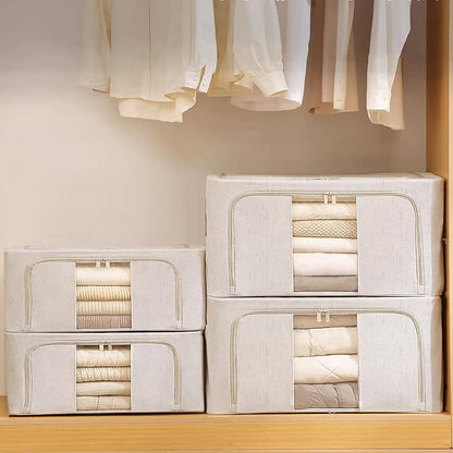 Amiya Clothes Storage Bins with Metal Frame,3-Pack Foldable Linen Fabric Storage Box with Lids, Stackable Organization and Storage Bins with Clear Window,Zippers,Handles(Beige,24L)