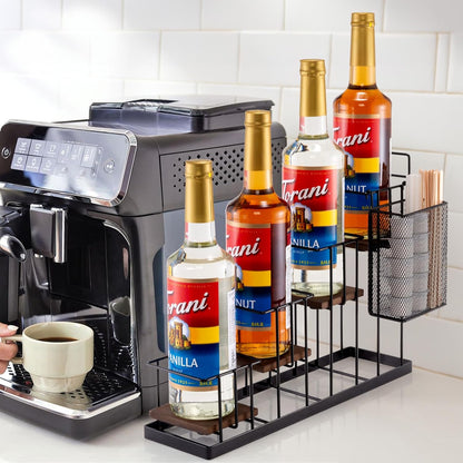 Coffee Syrup Rack Organizer, with Rustic Wood Holder Coffee Station Bar Accessory for Syrup, Wine