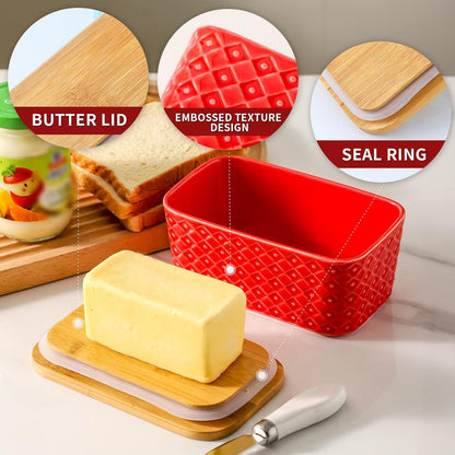 Ceramic Butter Dish with Lid,Large Butter Container with Airtight Cover for Countertop or Refrigerator,Farmhouse Kitchen Butter Holder for New Year Gift,Dishwasher Safe,Red Embossed Pattern