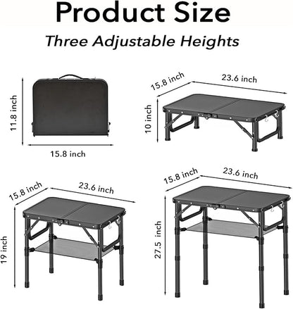 YihuiKo Small Folding Camping Table with Storage Net, 3 Adjustable Heights Foldable Table Lightweight & Portable with Carry Handle for Outdoor Indoor, Pure Black