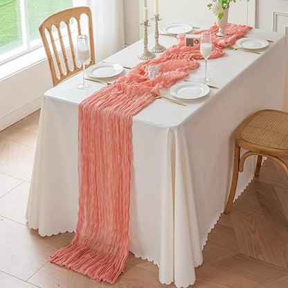 Sioloc Peach Coral Cheesecloth Table Runner 120'' x 35'',Spring Easter Decor Soft Gauze Boho Wedding Table Decor for 10ft Table Birthday Party,Baby Shower, Bridal Shower, Home & Event Decor