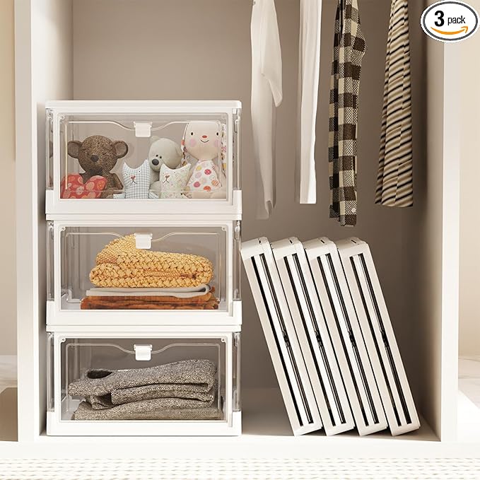 Vaela Stackable Plastic Storage Bins with Lids,24QT Foldable Closet Organizers and Storage,3-Pack Storage Organizer, for Bedrooms, Living Rooms, Study