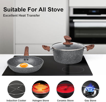 Granite Pots and Pans Set Non Stick, 11 Piece Die-Cast Induction Cookware Set, Nonstick Kitchen Cooking Set w/Frying Pans & Saucepans(PFOS,PFOA,PFAS,PTFE Free)