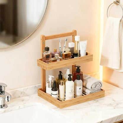 Bamboo Undersink Organizer Storage - 2-Tier Cabinet Shelf with Adjustable Levels, Under Sink Storage Slide Out for Cabinet Pantry Kitchen Bathroom (Natural)