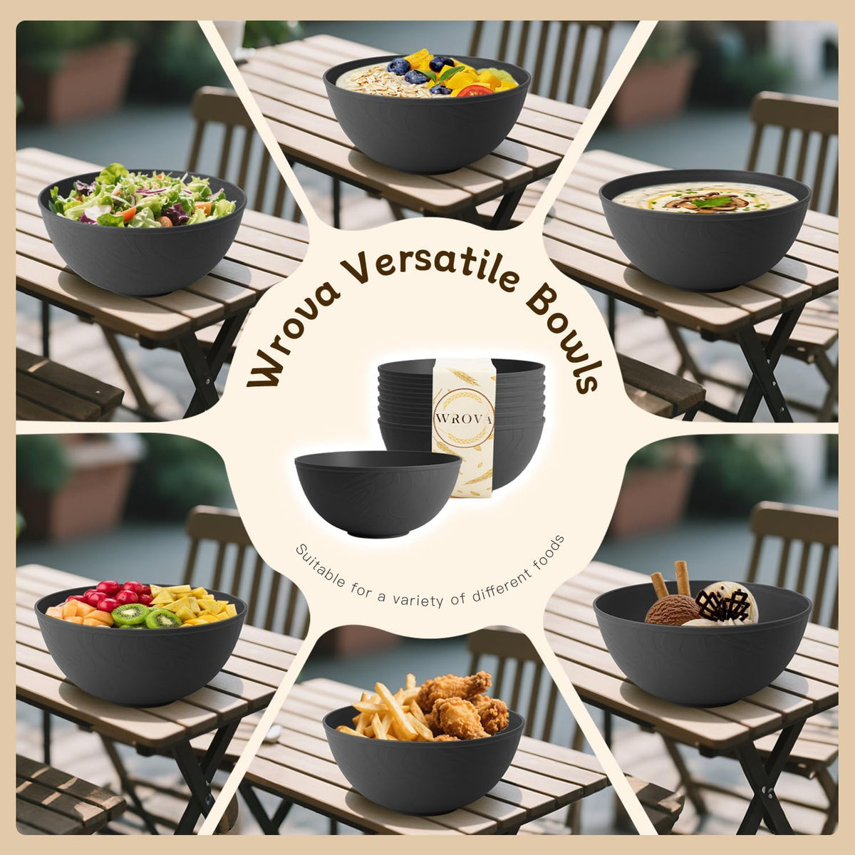 Black Cereal Bowls 40oz for Cereal Lover,Unbreakable Alternative Plastic Bowls Set of 6,Extra Thick Anti-Scald Bowl Sets suitable for Salad