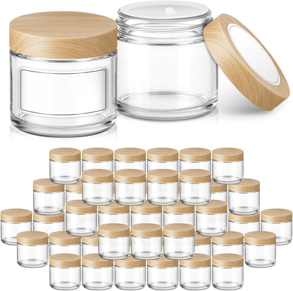 2 oz Glass Jars with Plastic Woodgrain Lids, Bumobum 48 pack Round Clear Cream Jars with Black and White Labels & Inner Liners