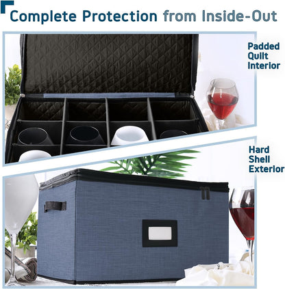 Wine Glass Storage Box with Dividers, 2 Pack Stackable Stemware Storage Cases, Service of 24 Glassware Storage Containers, Quilted China Storage Containers for Moving and Seasonal Storage, Blue