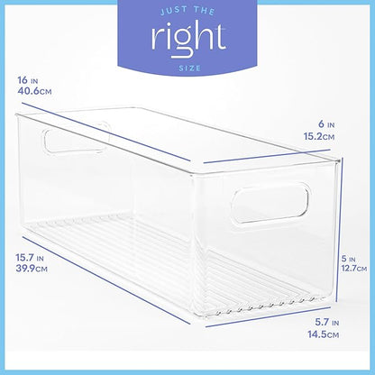 Plastic Food Storage 6 Pack Clear Container Bin with Handles for Organizing Kitchen, Pantry, Refrigerator, Freezer, Pantry, Cabinet, Closet, Bathroom. 16”x6”x5”