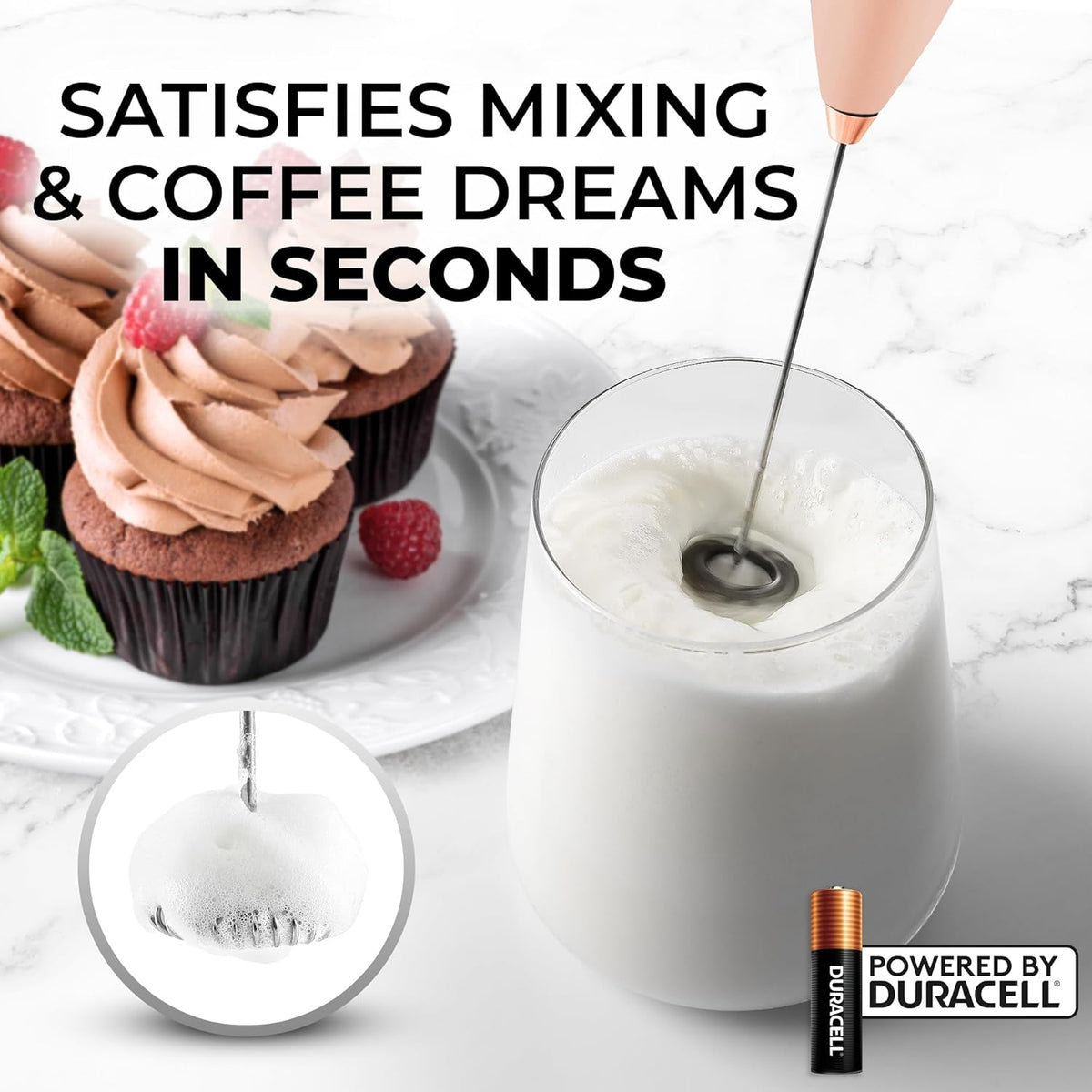 Zulay Kitchen Powerful Milk Frother Wand With 4 AA Duracell Batteries - Ultra Fast Handheld Drink Mixer - Electric Whisk Foam Maker for Coffee
