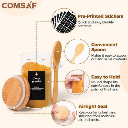 ComSaf 12 Pcs Glass Spice Jars and Spoons, 8oz Glass Containers with Bamboo Lids, Storage Containers with Airtight Lids with 275 Labels for