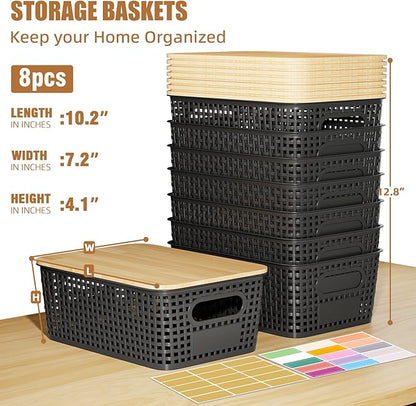 8 Pcs Plastic Storage Bins with Bamboo Lid, Stackable Storage Baskets with Lids & Labels for Organizing, Storage Bins for shelves Office Drawer Cabinet & Pantry Nursery Organization,10.2*7.2*4.1In