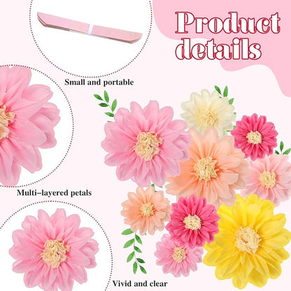 Geyee 18 Pcs Mexican Paper Flowers Colorful Fiesta Tissue Paper Flowers Pom Poms Mexican Carnival for Floral Party Backdrop Wedding Birthday Party Craft, 6" 8" 10" (Vivid Color)