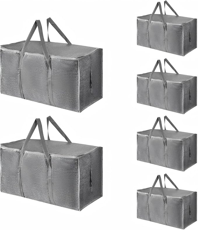 6 Pack-Extra Large Heavy Duty Moving Bags - Waterproof Storage Totes with Handles & Zippers, Foldable for College Dorm, Storage (Gray)