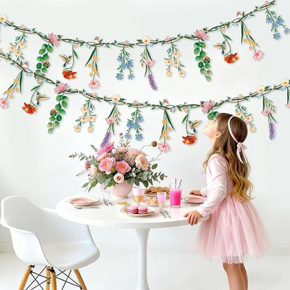 Flower Banner Garland, Baby Shower Decorations, Floral for Enchanted Garden Party, Wedding Wild One Bloom Baby Shower Birthday Fairy Tale Tea Market Spring Supplies Girl Woodland Party