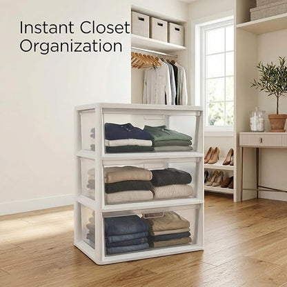 Wide 3 Drawer Plastic Storage Tower with Clear Removable Bins, 15.6" x 21" x 25.2" Organizer Unit with Drawer Stops and Easy-Pull Handles for Closet, Dorm, and Office Organization, White