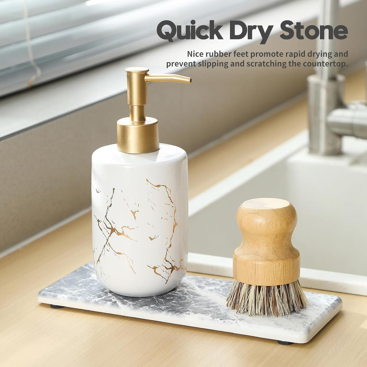 2PCS Bathroom Sink Vanity Trays, Water Absorbing Diatomite Stone Quick Drying Mat for Kitchen Counter, Dish Rack Dispenser Sponge Holder Caddy Organizer, Marble Crack, 9"x3.5"
