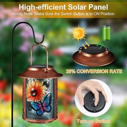 Butterfly Solar Lanterns Outdoor Waterproof, Birthday Gifts for Women Mom Grandma , Metal Garden Decor Hanging Solar Lights Outside Decorative for Yard Patio Backyard Porch Decorations(Sunflower)