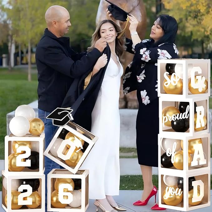 2026 Graduation Party Decorations, 4Pcs White Boxes with 30Pcs Black White Gold Latex Balloons with Letters "2026 GRAD So Proud of You" for High School College Graduation Party Decorations (White)