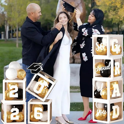 2026 Graduation Party Decorations, 4Pcs White Boxes with 30Pcs Black White Gold Latex Balloons with Letters "2026 GRAD So Proud of You" for High School College Graduation Party Decorations (White)