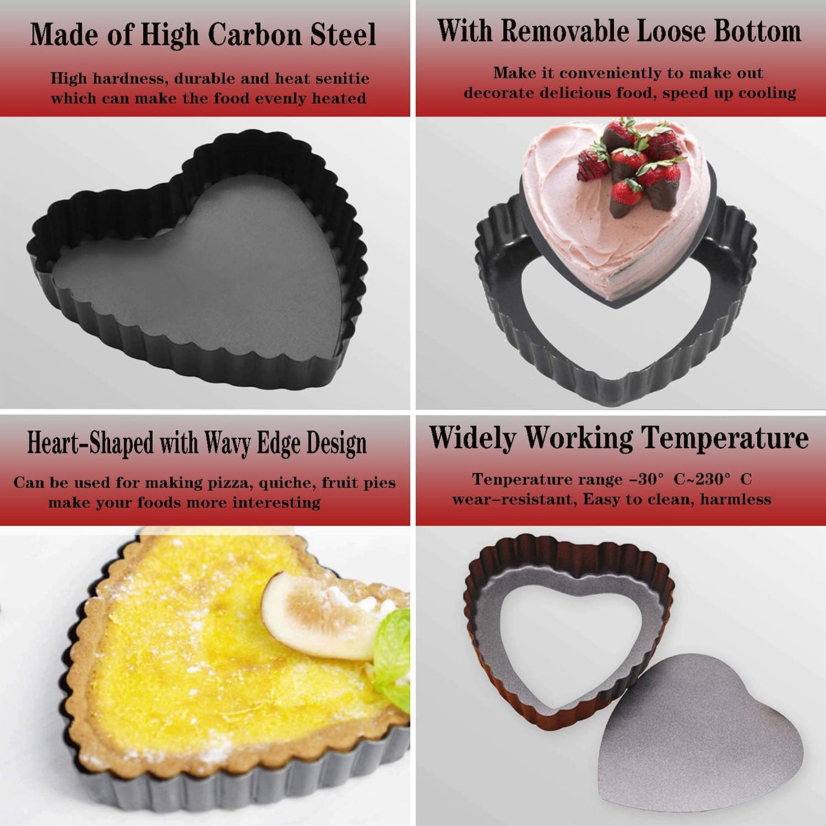 6PCS 4 Inch Heart Tart Pans with Removable Bottom, Nonstick Quiche | Mini Carbon Steel Heart-Shaped Pie Molds for Dessert &amp; Cake Baking, Fluted Loose Bottom Cake Pan for Easy Release