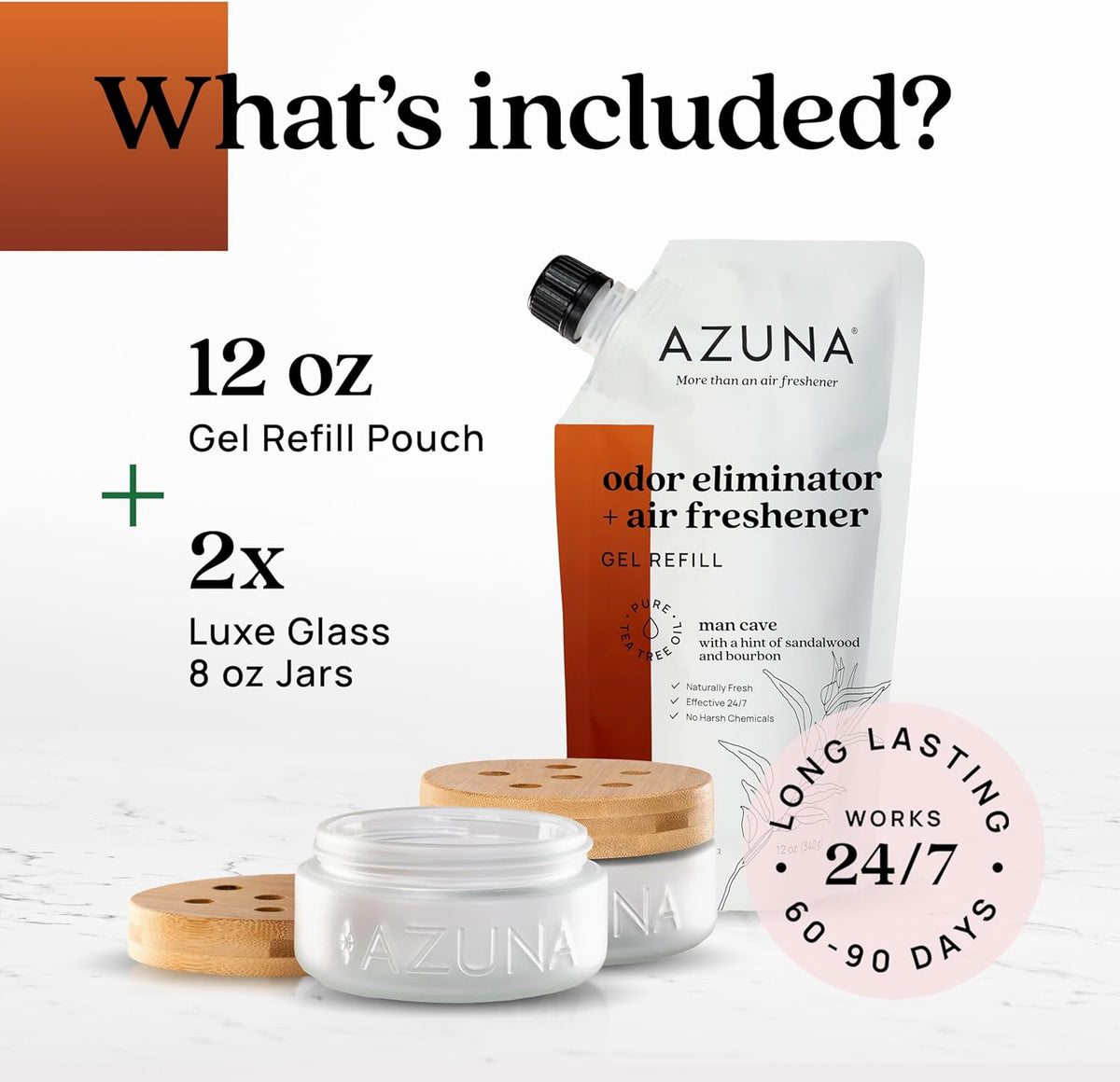 Azuna Air Freshener & Odor Eliminator for Strong Odor | 2 Room Kit Includes (2) Empty Luxe Glass Jar & 12oz Gel Refill with Tea Tree Essential Oil | Sandalwood Scent | Last 60-90 Days