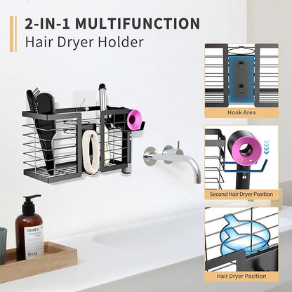 FUNKYLEE Hair Tool Organizer Hair Dryer Holder, 3 in 1 Metal Bathroom Blow Dryer Organizer Wall Mount for Flat Iron, Curling Iron, Straightener, Styling Tools Storage and Organizer (Black)-2pcs
