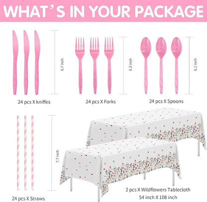 Floral Party Decorations Tableware, Spring Summer Flower Wildflower Party Supplies for Birthday Baby Shower, Paper Plate, Cup, Napkin, Tablecloth, Disposable Cutlery, Serves 24