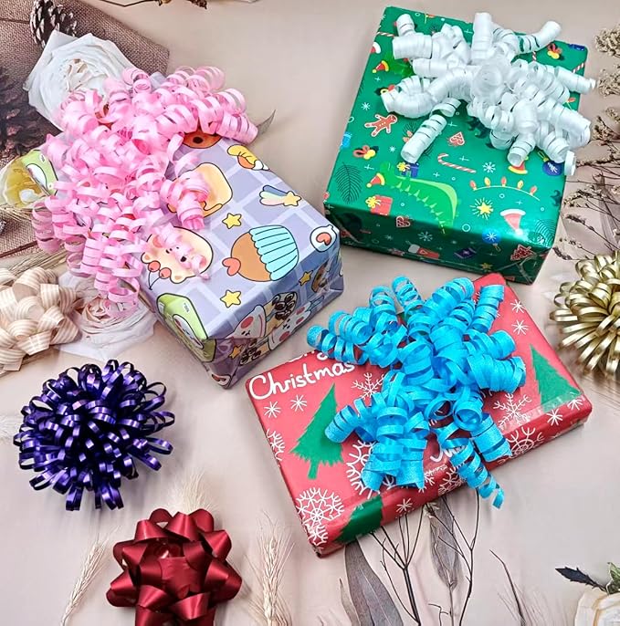 6pcs Self Adhesive Curly Bows for Gift Wrapping, Sparkling Ribbon Bows for Present Boxes, Birthday, Christmas, Wedding Decorations